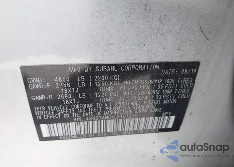 2020 Subaru Outback Limited from USA, damaged, VIN 4S4BTANC4L3107219